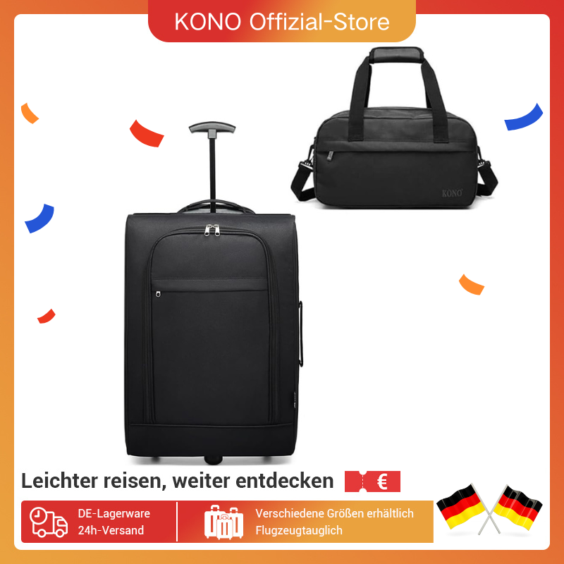 KONO Lichtgewicht stoffen koffer met 2 versnellingen en handbagage tas cabinewagen voor Lufthansa, Eurowings, Ryanair-Zwart