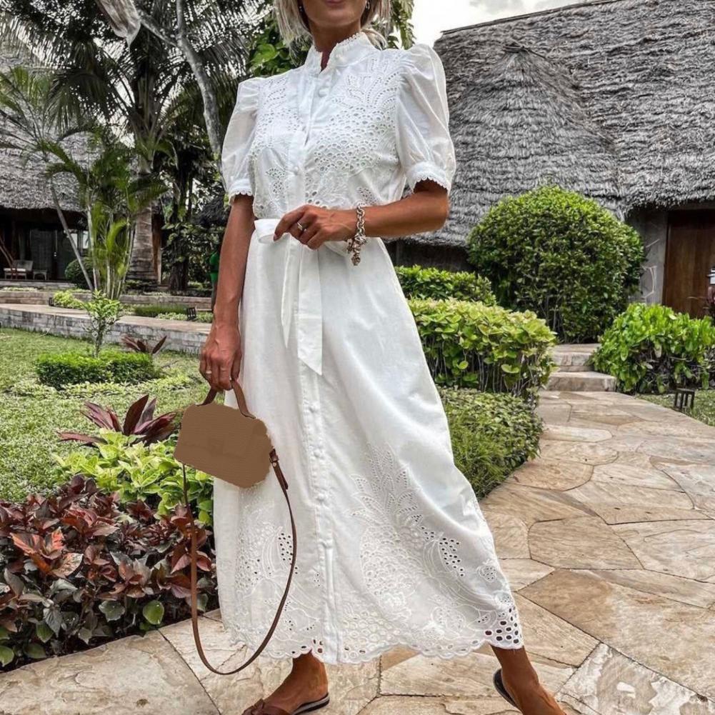 Vrouwen Jurk Hol Borduren Single Breasted Grote Zoom Lace-up Grote Zoom Maxi Jurk Enkellange Vrouwen Strand zonnejurk