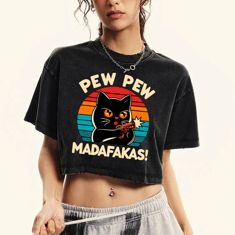Pew Pew Shooting Cat Cartoon Printed Washed T-Shirt Women Cotton Soft Retro Short Sleeve Crewneck Clothes Summer Casual T Shirts