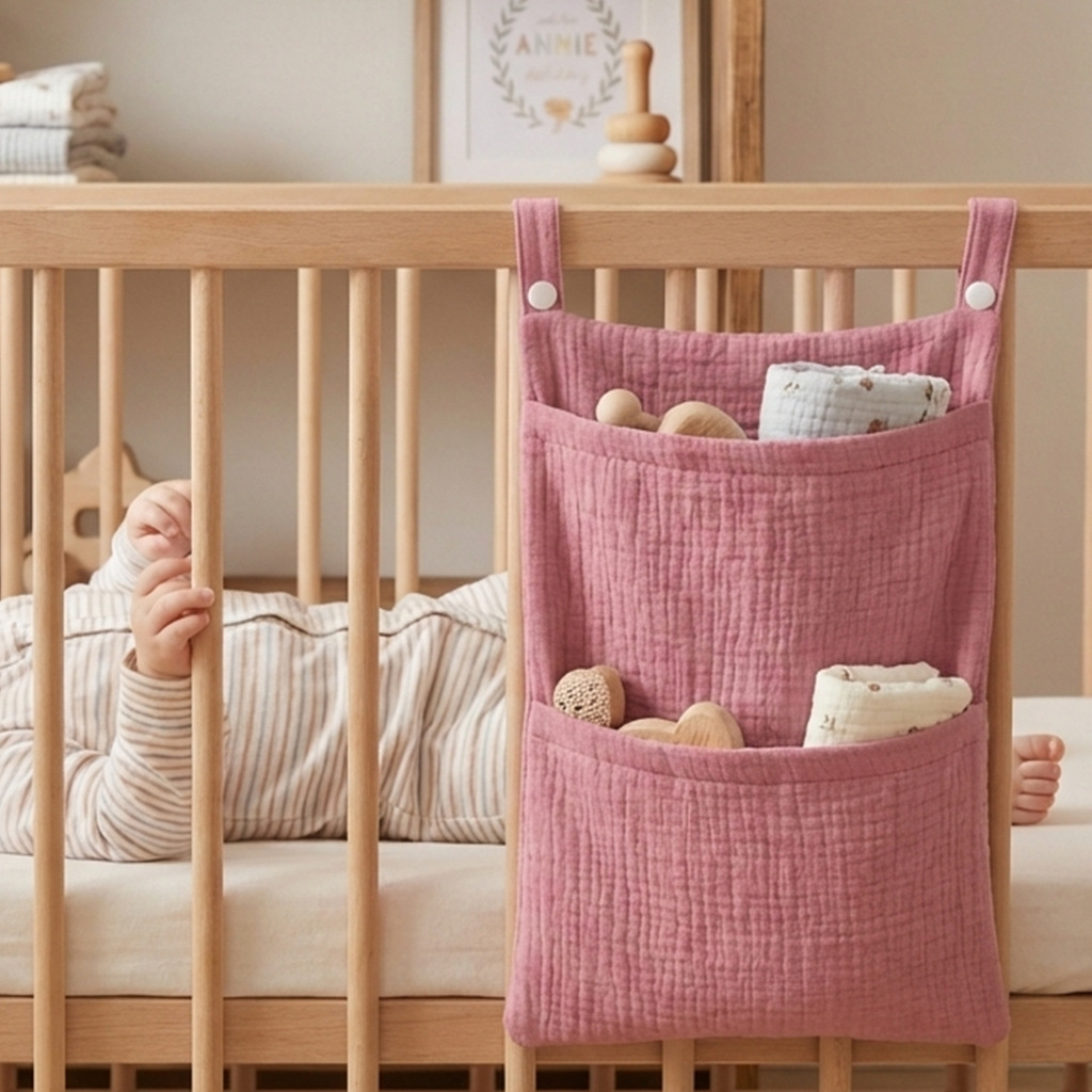 Borsa Appendibile per Culla in Puro Cotone, Borsa Multifunzionale per Accessori Neonato, Nuova Borsa Appendibile in Puro Cotone per Passeggino