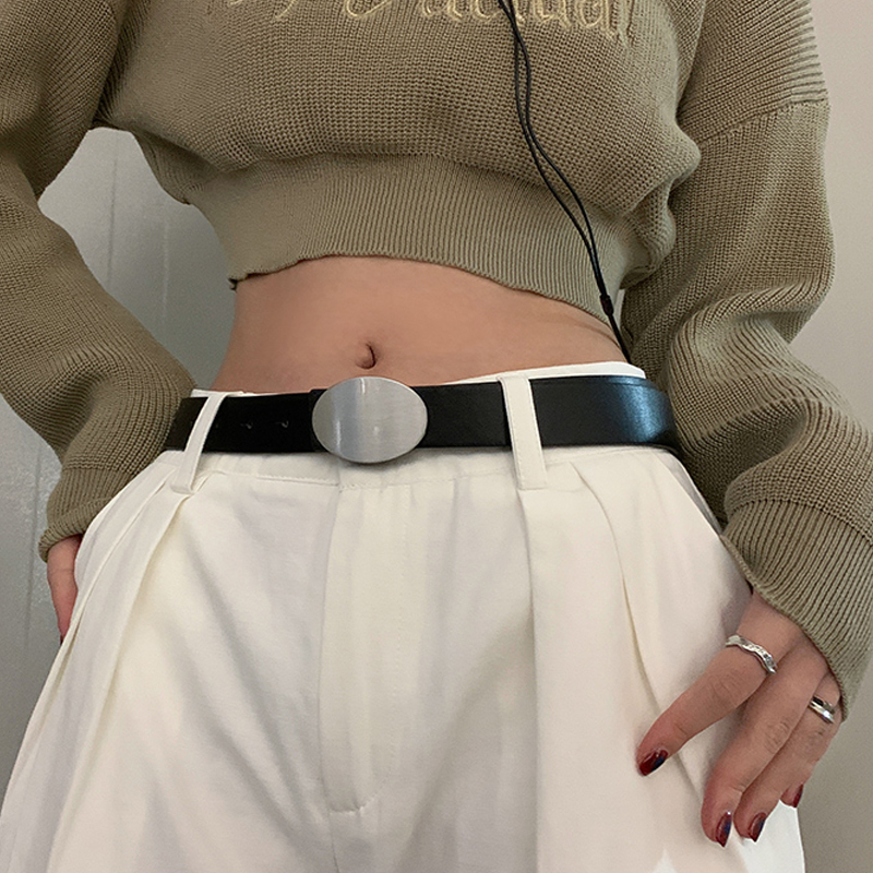 Vrouwen zwart lederen riem ovale zilveren metalen gesp riem vintage dames tailleband voor jeans broek
