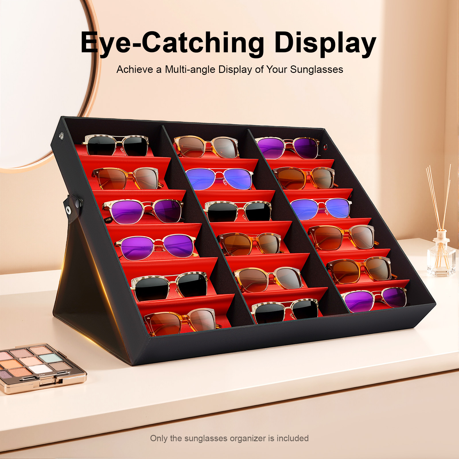 Organizador de Gafas de Sol con 18 Ranuras, Estuche de Almacenamiento para Gafas para el Hogar o Comercio Minorista, Soporte para Gafas en Negro y Rojo