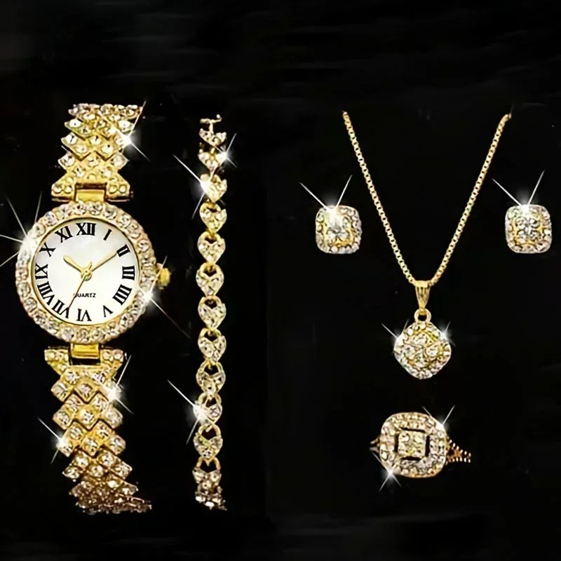 5Pcs/set Fashionable Roman Pattern Diamond Inlaid Quartz Watch for Women's Trendy Business Versatile Luxury Watch Accessories