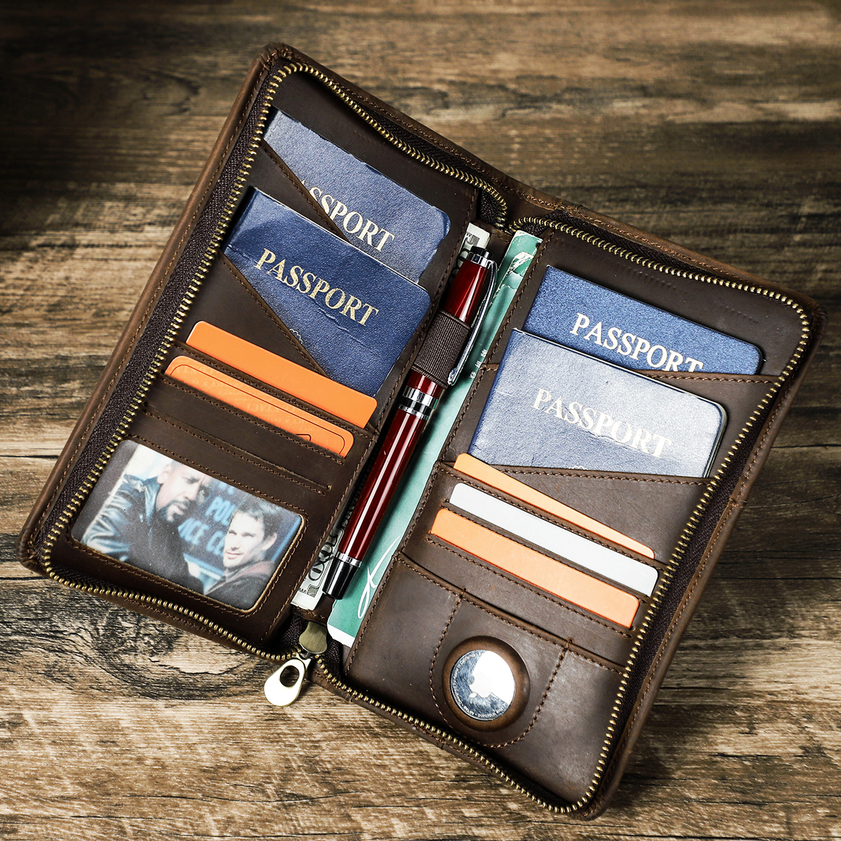 CONTACT'S Crazy Horse Leather Family Passport Travel Wallets Card Holder Men's Bag Airtag Case Luxury Handbag Male Long Purse