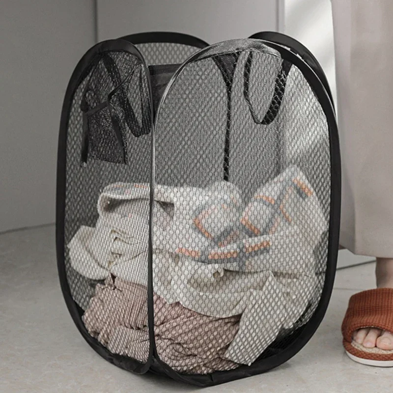 Laundry Basket Foldable Mesh Storage Bag For Dirty Clothes Organizer In Bathroom Washing Room Home Use