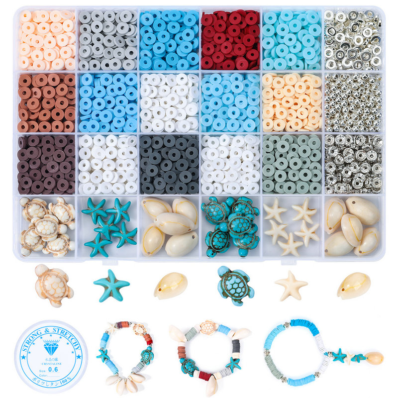 Kit de fabricação de joias estilo oceano, conchas de tartaruga turquesa, estrela do mar, contas de argila de verão para pulseiras de amizade, faça você mesmo
