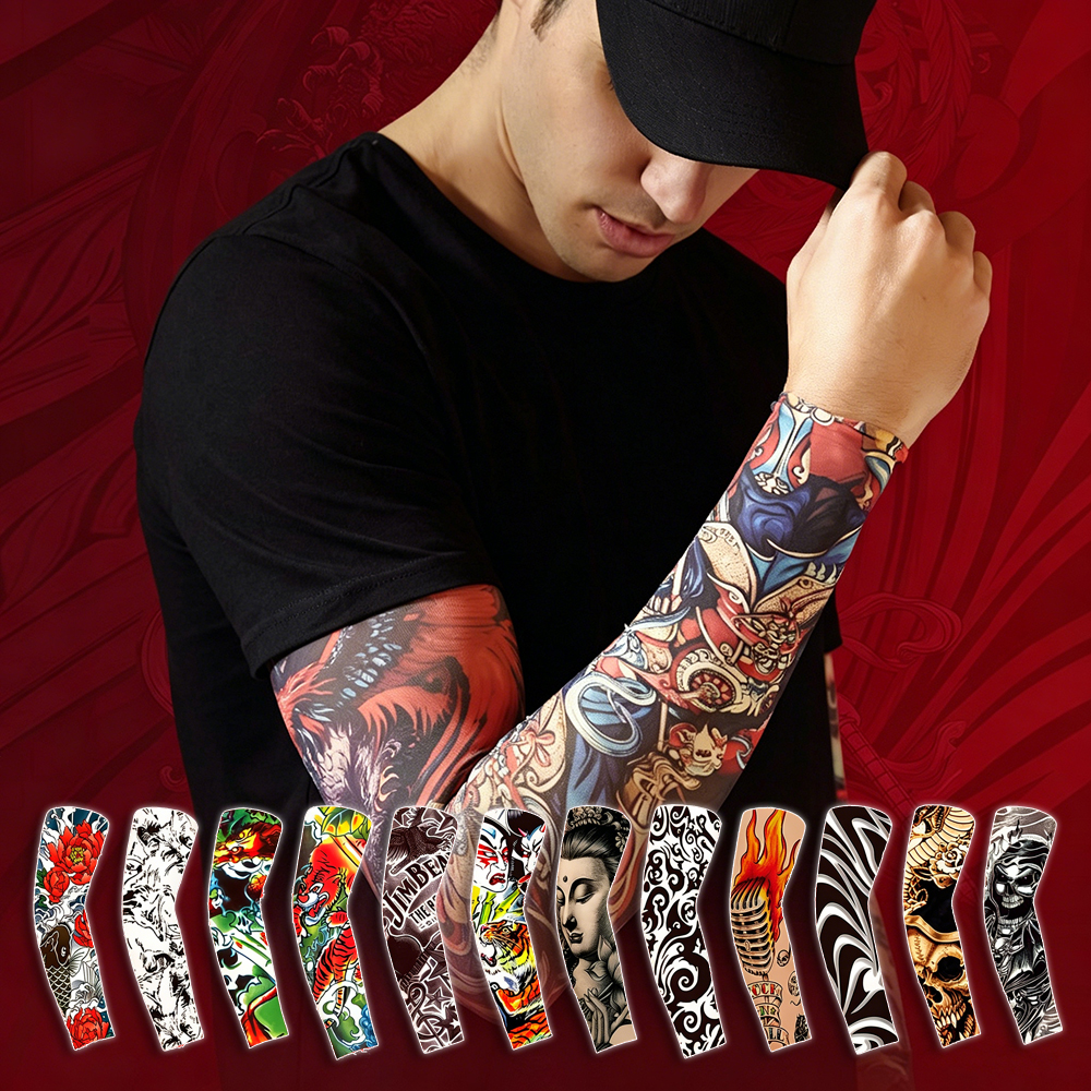 (12 Stück) Tattoo-Ärmel aus Eisseide, Sommer-Kühlende Erfrischende Sonnenschutz-Armschoner, Handschuhe, Ellbogenschoner, Online-Bestseller
