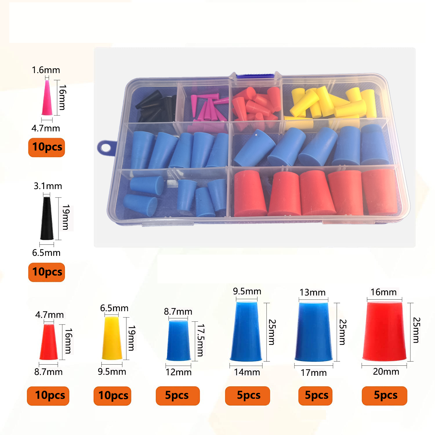 60 plugues de buraco cônico de silicone dos pces conjunto resistente a altas temperaturas da tomada de vedação, usado para a vedação do furo em gabinetes elétricos pintados por spray