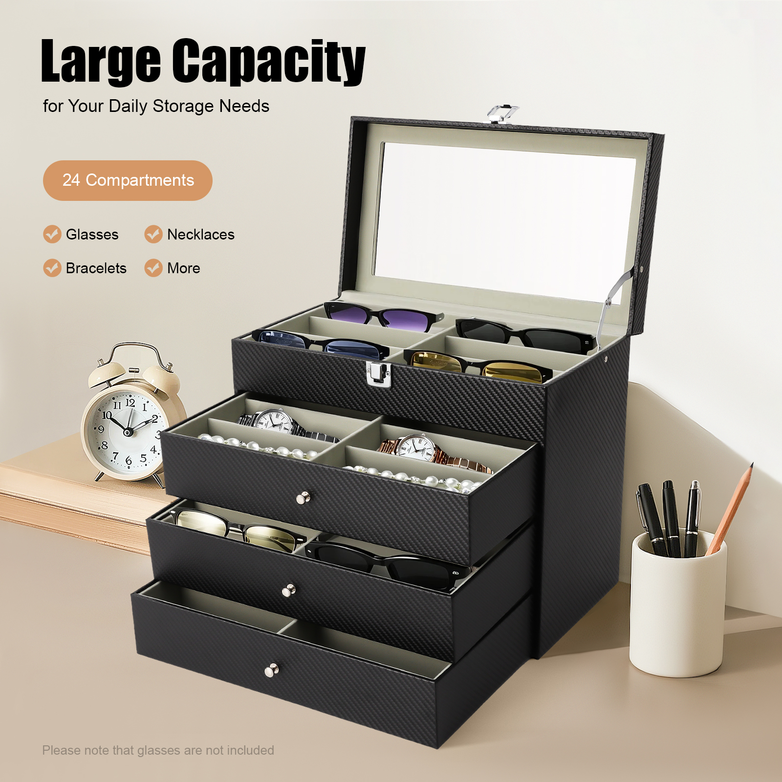 Vetrina per occhiali a 4 livelli, scatola per occhiali da sole a 24 scomparti con coperchio in vetro, organizer per occhiali da sole per bracciale, orologio