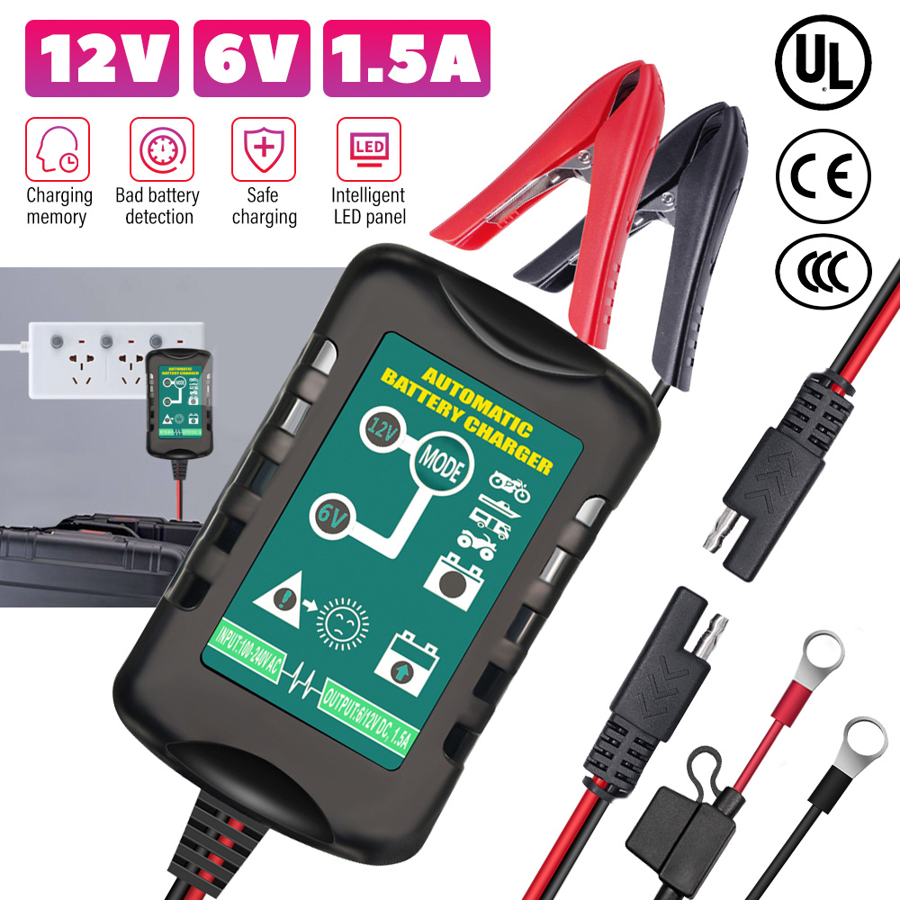 ที่ชาร์จกระบอกบดพริกไทย6V 12V 1.5A, ที่ชาร์จอัตโนมัติรถจักรยานยนต์รถตัดหญ้าตะกั่วกรด agm ของเล่นเจล