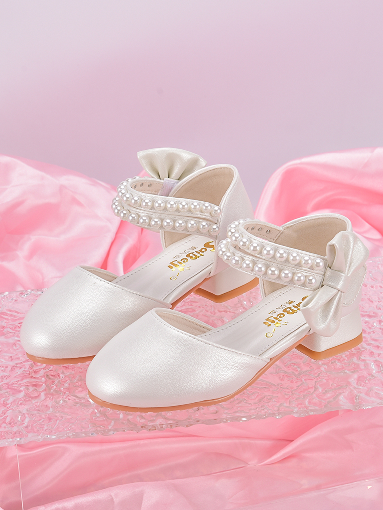 Zapatos de princesa para niñas, zapatos blancos de primavera/verano con tacones altos y perlas para niños grandes