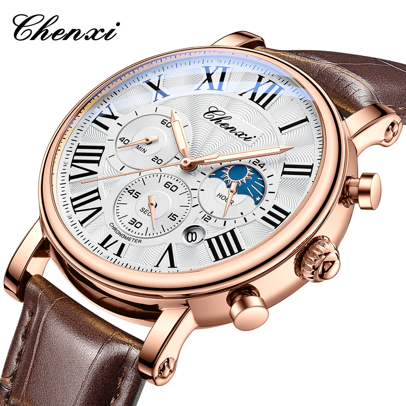 CHENXI 973 Men Quartz Watch Fashion Business Moon Phase Date Multifunctional Chronograph Leather Strap Wristwatch