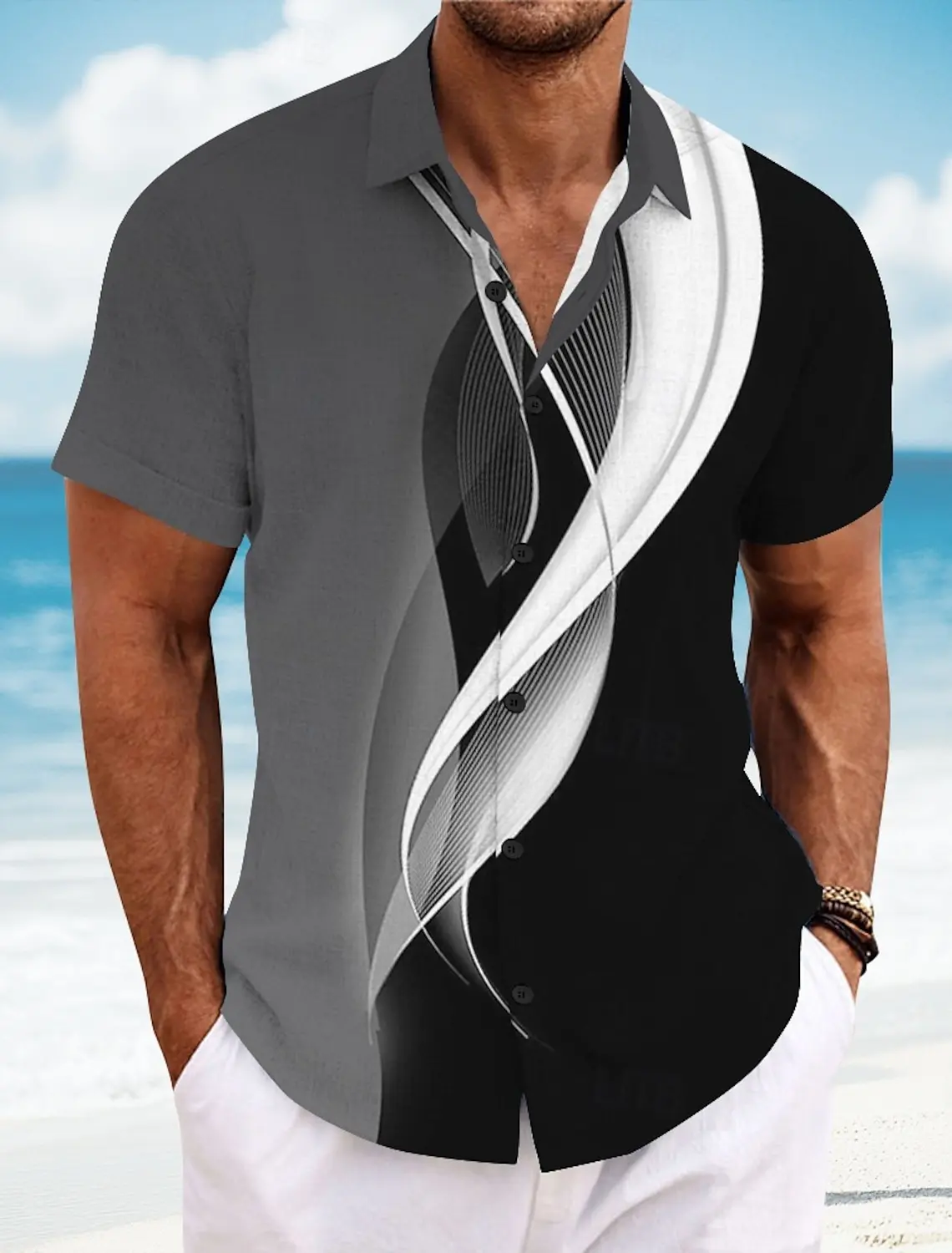 2023 Zomer Heren Geometrische Lijn Abstracte Kunst Shirts Korte Mouw Tops Casual Shirts Turndown Casual Shirt Button Up Shirts