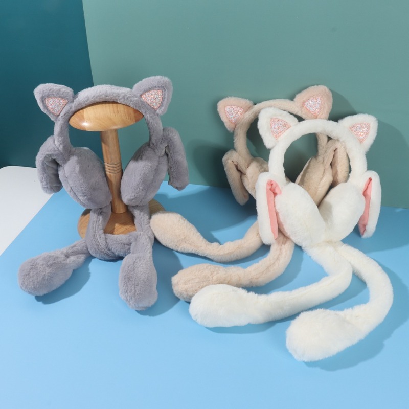 Orejeras divertidas, orejeras de felpa con forma de oreja de gato, orejeras cálidas de invierno para niños, calentador de orejas bonito en movimiento