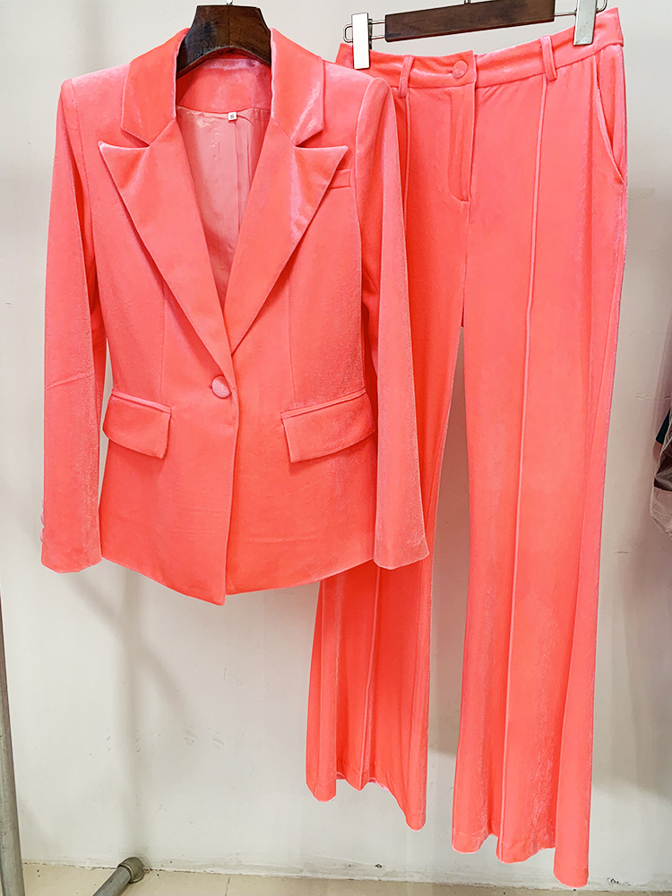 HIGH STREET Nieuwste FW 2026 Designer Runway Pak Set Dames Enkelknoops Fluwelen Rever Blazer Flare Broek Set