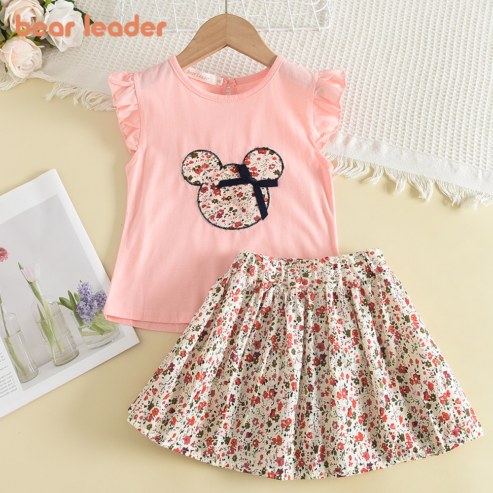 Urso líder verão 2pcs meninas conjuntos de roupas floral dos desenhos animados crianças plissado manga superior e saia roupas casuais meninas boutique outfits
