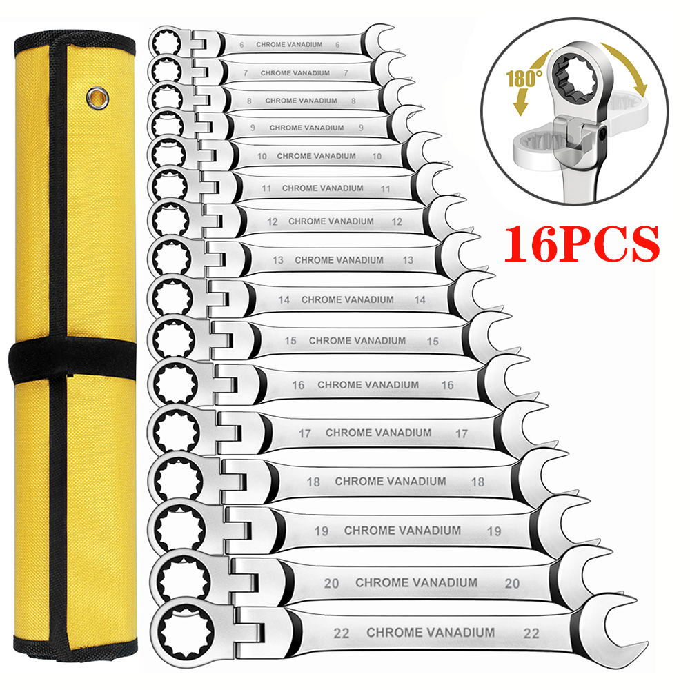 Ratschen-Maulschlüssel-Set, 6–23 mm metrischer Ratschenschlüssel mit flexiblem Kopf, Schraubenschlüssel aus Chrom-Vanadium-Stahl mit Tasche