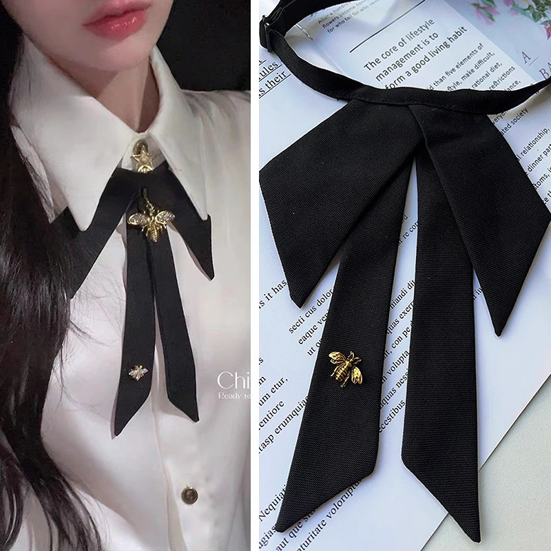 Gravata borboleta de tecido preto estilo universitário pérola abelha moda camisa gola casual sólida gravata presentes para mulheres acessórios atacado