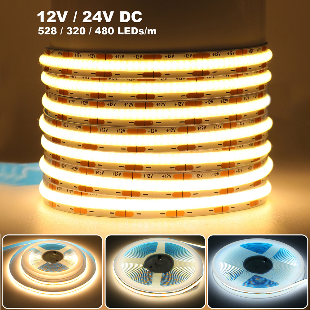 Tira de luces LED COB de 12V 24V CC, 320, 480, 528 LED, cinta Flexible, iluminación lineal de alta densidad, blanco cálido, 8mm, PCB, 0,5 m, 1m, 2m, 5m, 10m