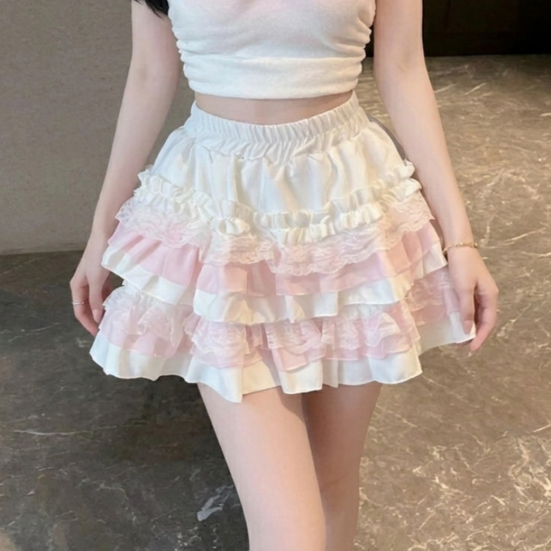 Minifalda Lolita con Volantes en Capas y Ribete de Encaje, Falda Estilo Pastel Kawaii, Falda-Pantalón Rosa Dulce para Mujer, Estilo Coquette, Fairycore, Suave, Lindo, Y2K