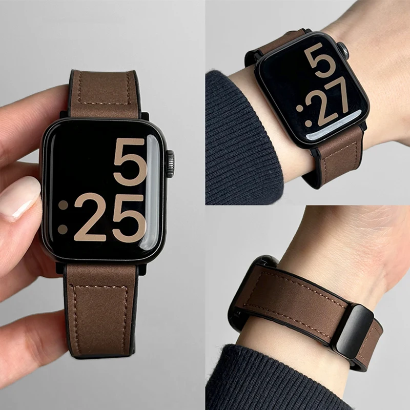 Bracelet en cuir et Silicone pour Apple Watch, Ultra 49mm 44mm 45mm 41mm 46mm 40mm 42mm, Bracelet magnétique iwatch série 10 9 8 7 6