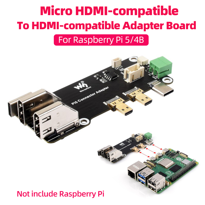 Многофункциональный адаптер, совместимый с Micro HDMI-c для Raspberry Pi 5/4B, два метода питания, два выхода 4K