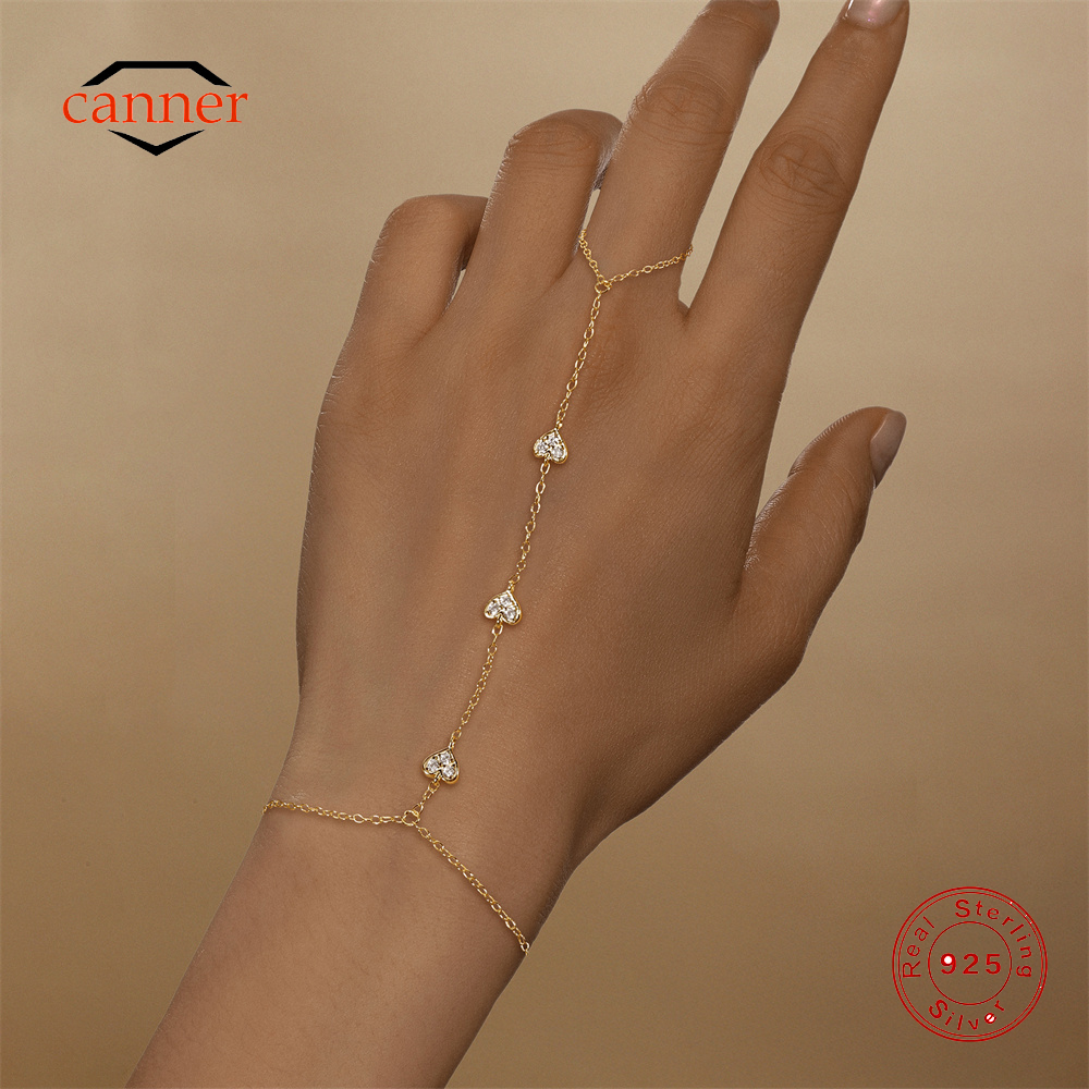 CANNER 925 เงินสเตอร์ลิงรูปหัวใจกลีบ CZ Sparking Zircon สร้อยข้อมือแหวนสําหรับผู้หญิง Minimalism Hand CHAIN สร้อยข้อมือ