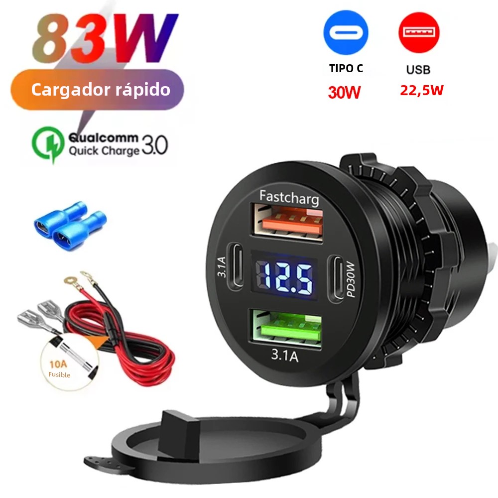 Nuevo cargador de coche USB Dual PD Dual QC 3,0 de 117W con enchufe de voltímetro adaptador de toma de corriente impermeable para coche barco de 12V/24V gran oferta
