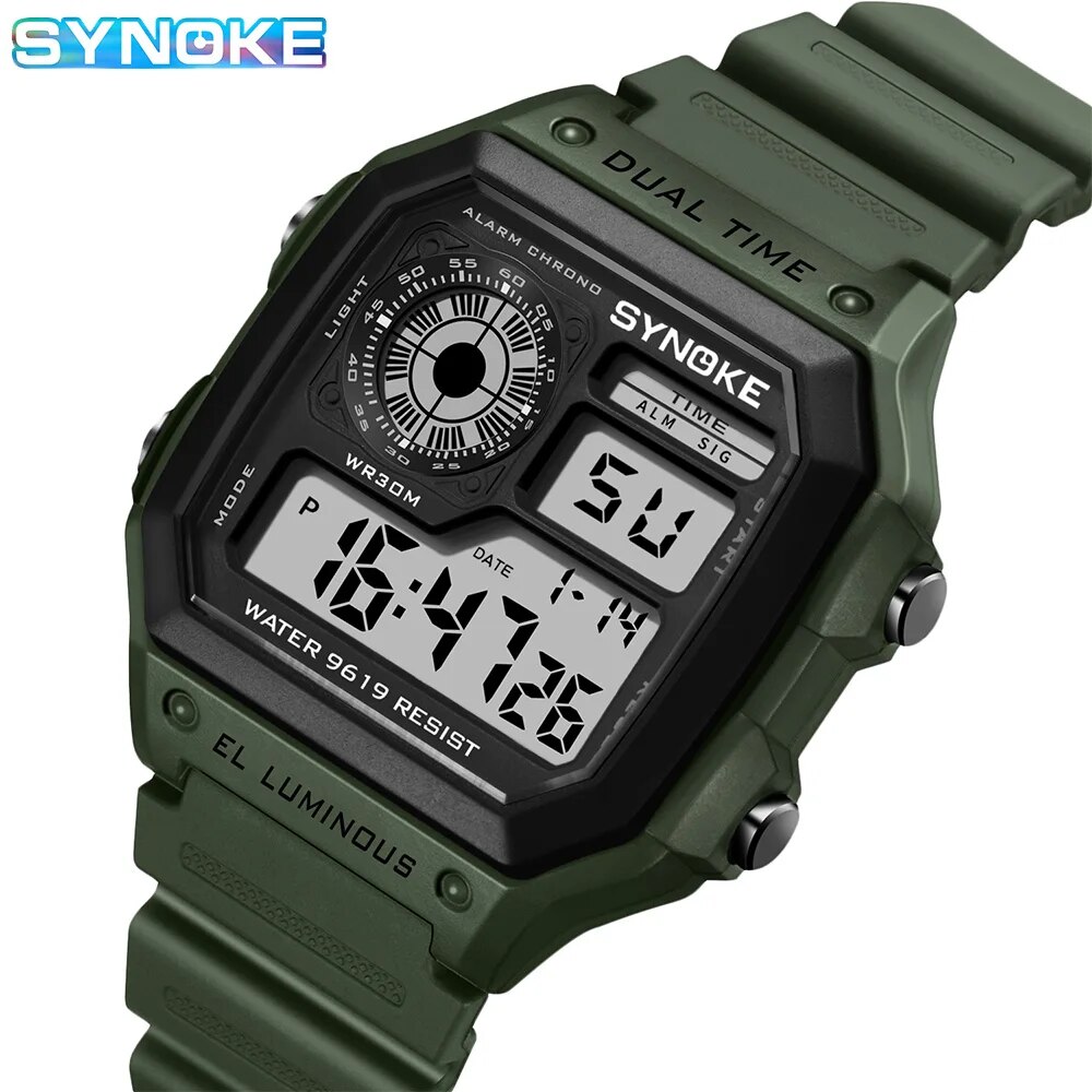 Synoke นาฬิกาดิจิตอลผู้ชาย, นาฬิกาข้อมือสปอร์ตเรืองแสงมัลติฟังก์ชั่นกันน้ำจับเวลากลางแจ้งและวิ่งนักเรียนเจ็ดไฟ