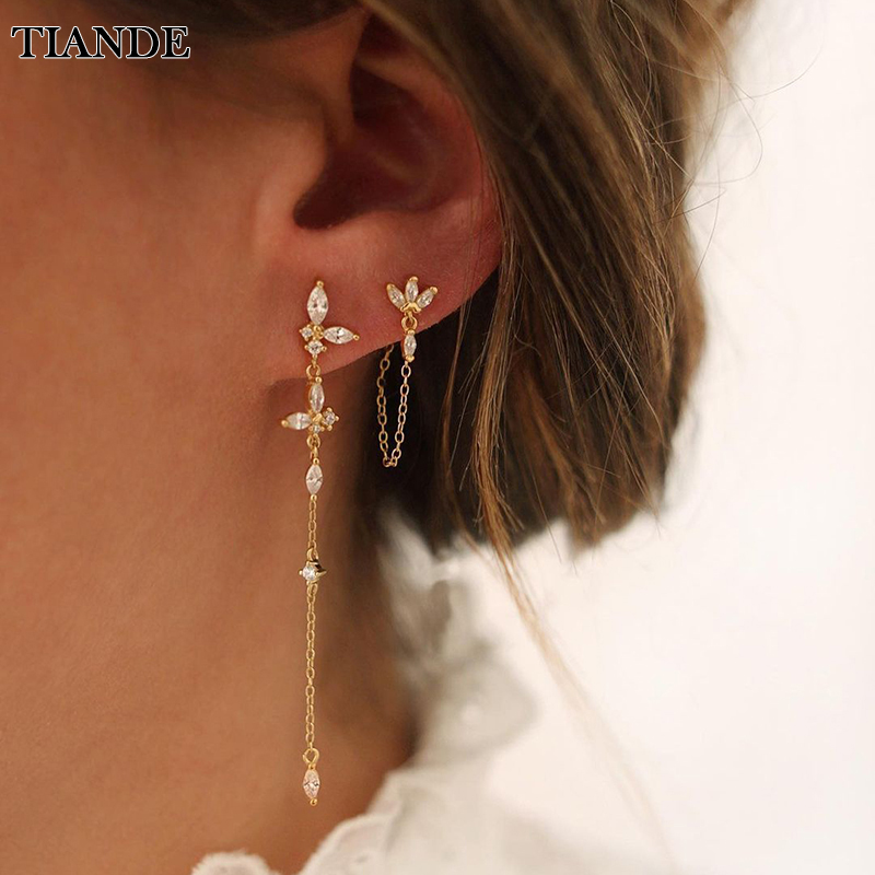 TIANDE Exquisite Zirkon Quaste Kette Baumeln Ohrringe für Frauen Mode Gold Farbe Durchbohrte Ohr Stud Ohrringe Schmuck Zubehör