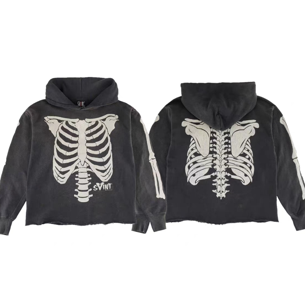 Gewassen Saint Skeleton-skelet met gebarsten ribprint Pullover Heren Dames Beste kwaliteit hoodie met capuchon
