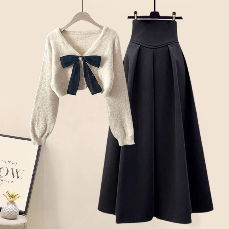 韓国ファッションカジュアルスカートセットニットプルオーバー + スリム傘スカート 2 点セットプラスサイズの服