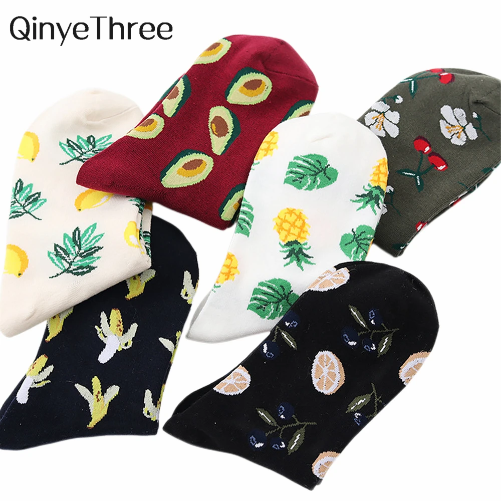 Kaus Kaki Bunga Pisang Blueberry Ceri Nanas Alpukat Lemon Buah-buahan Bahagia Fashion Wanita Baru Dropship