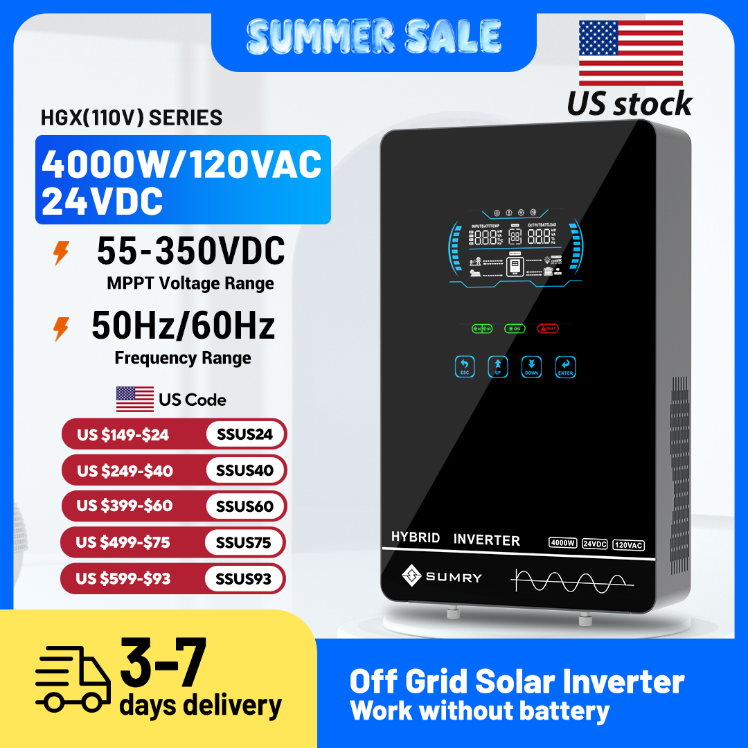 Sumry 4000W Off Grid Hybrid Inverter 24V 140A 5600W MPPT Solar Charger Pure Sine Wave Inverter for Home 6.25 Inch LCD Display