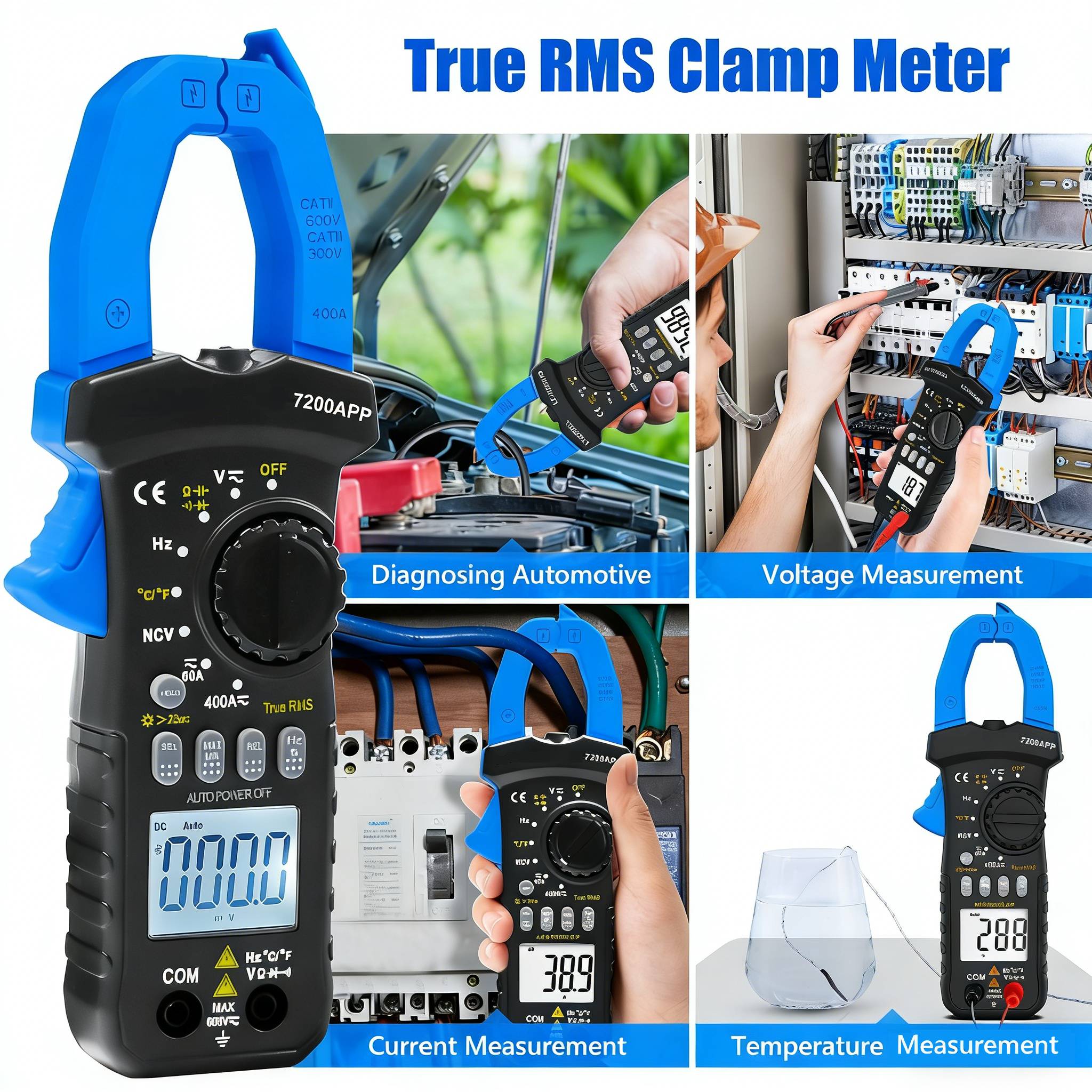 Multímetro de braçadeira de contagem HP-7200APP TRMS 6000, amperímetro de braçadeira Bluetooth para frequência de capacitor de resistor de tensão de corrente AC/DC