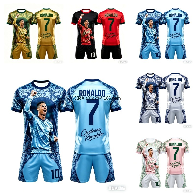 Popularne AI na rok 2026 #   7 Ronaldo Letni Zestaw Dziecięcy i Dorosły Rodzinny Krótki Rękaw Spodenki Koszulka Piłkarska Styl dla Par Unisex