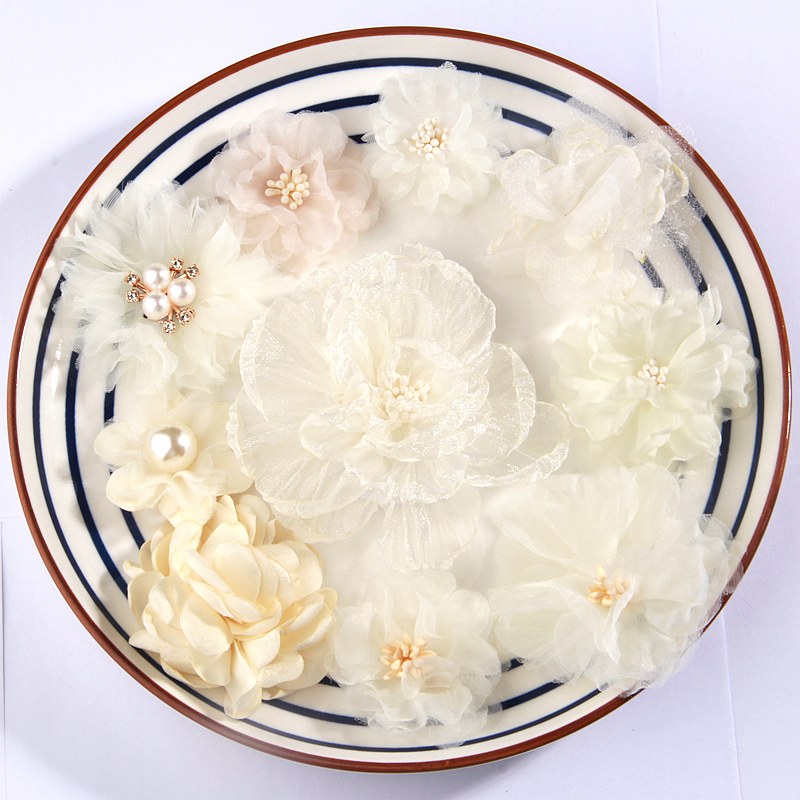 10 buah/lot Set gaya campuran seri krem bunga kain sifon untuk bando bunga kain untuk Aksesori gunting rambut bayi perempuan
