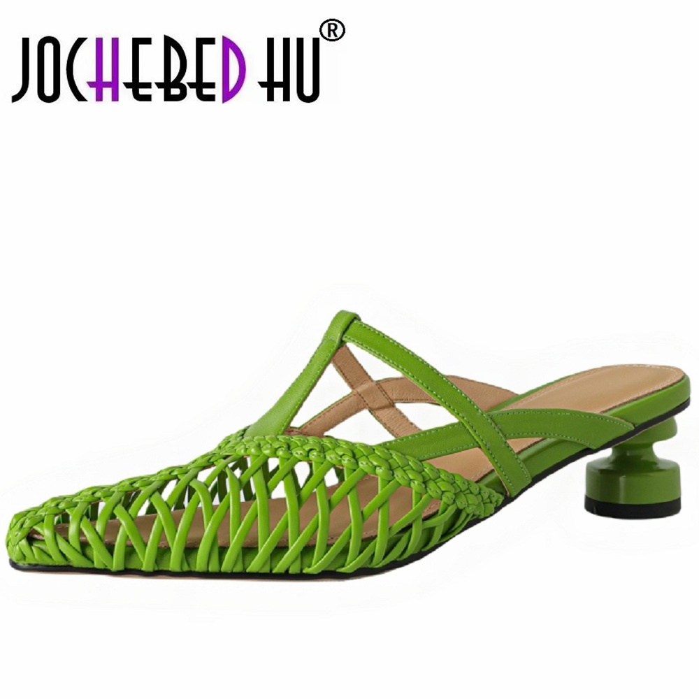 【JOCHEBED HU】New Summer Women Handmade Genuine Leather Pointed Toe Strange Heel Shoe Cover Toe Slingback Sandals Weave 34-40