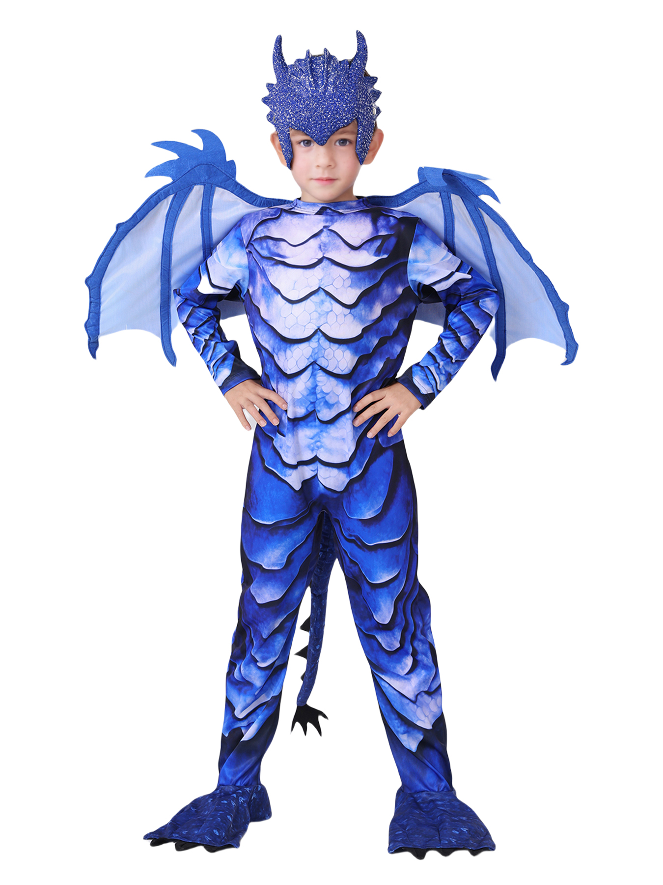フロストブルー ドラゴンナイト ジャンプスーツ 子供用 ハロウィン カーニバル テーマ パーティー コスチューム ウイングテールマスク付き