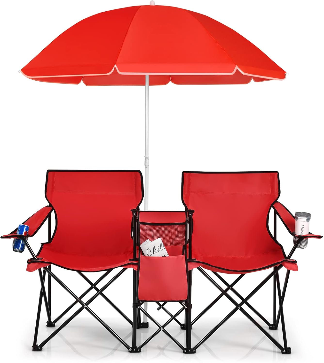 2-Sitzer-Campingstuhl mit Sonnenschirm, Kühltasche, Getränkehalter und Seitentasche, faltbarer Angelstuhl mit Tragetasche, zusammenklappbar