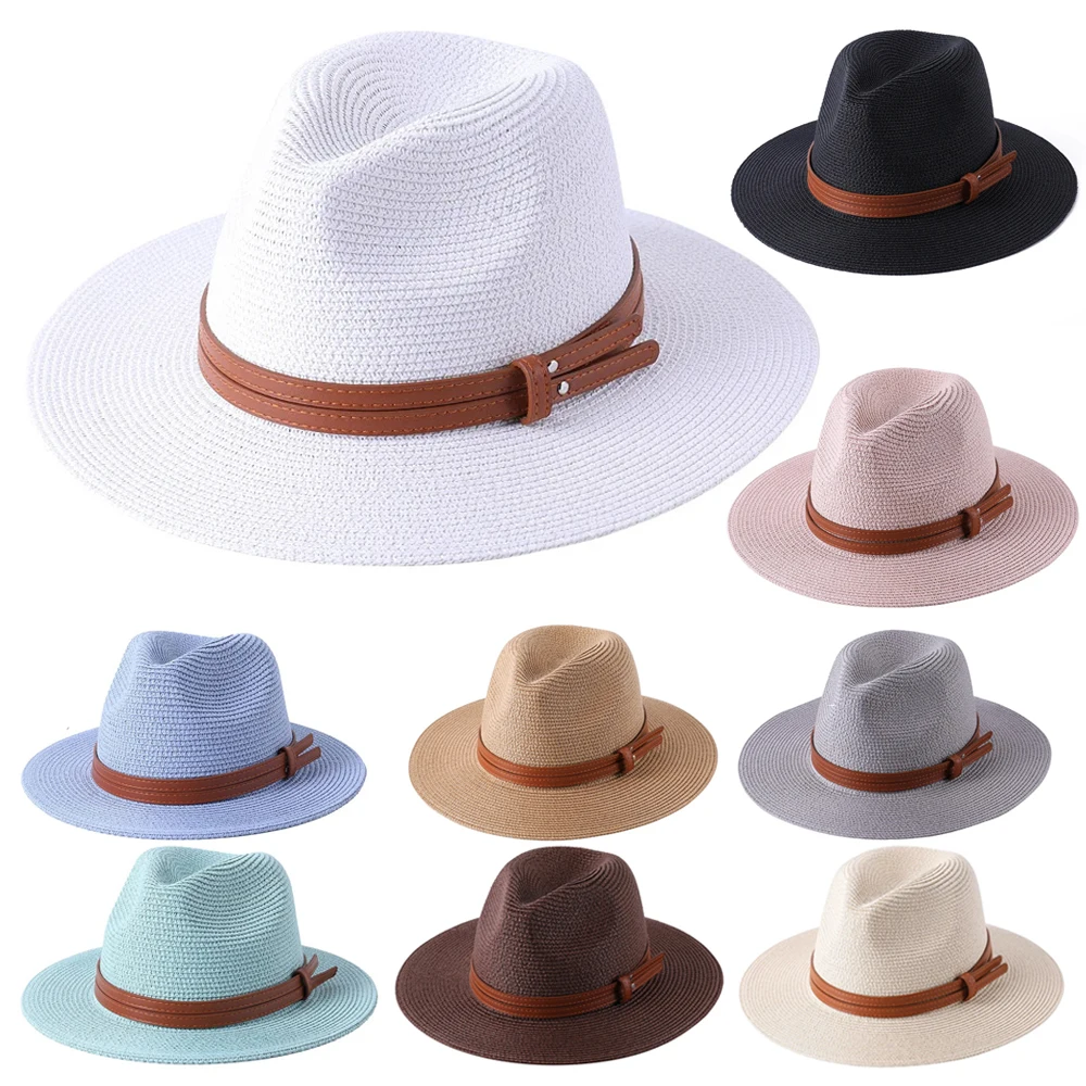 Topi Panama Alami Modis Topi Jerami Berbentuk Lembut Topi Jazz Pinggiran Lebar Wanita/Pria Musim Panas Topi Matahari Pantai Topi Fedora Perlindungan UV