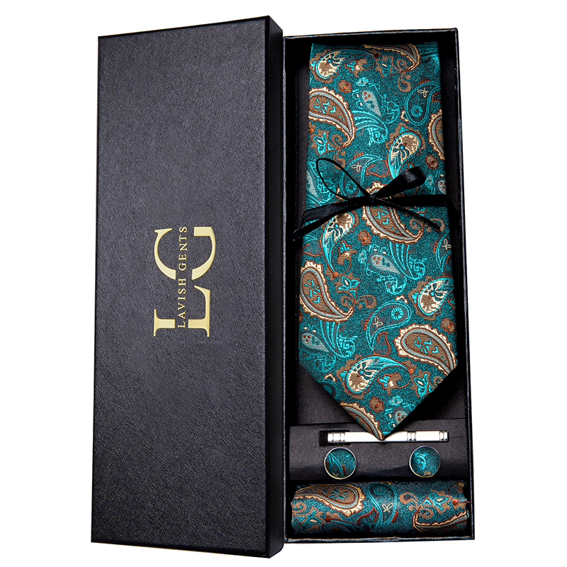 Hi-Tie Luxe Geschenkdoos Klassiek Paisley Blauwgroen Stropdas Zachte Heren Stropdas Handgemaakte Manchetknopen Set Stropdas Voor Heren Bruiloft Van Hoge Kwaliteit