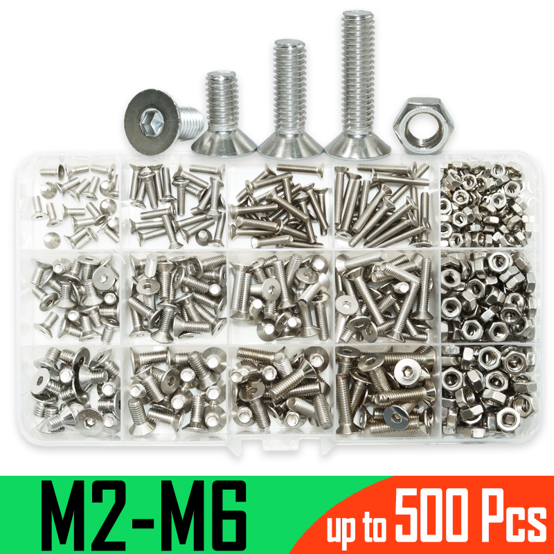 Parafusos para móveis de aço inoxidável, soquete hexagonal, escareado, cabeça chata, porca, M2, M3, M4, M5, M6, parafusos de máquina Allen, DIN7991