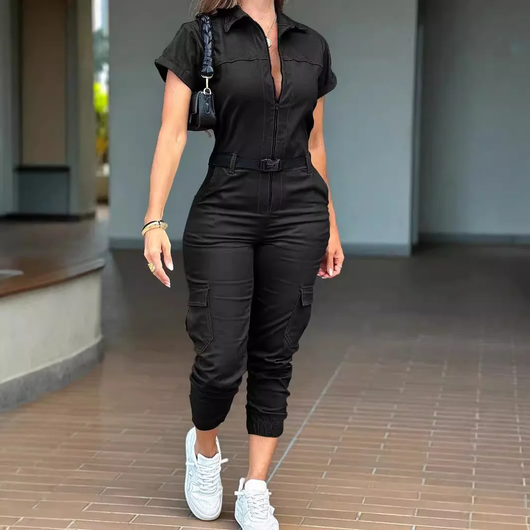 Sexy frauen Overall 2024, Sommer Neue Mode Zipper Arbeitskleidung Kurzarm Revers Multi Tasche Bund Body Hosen Weibliche