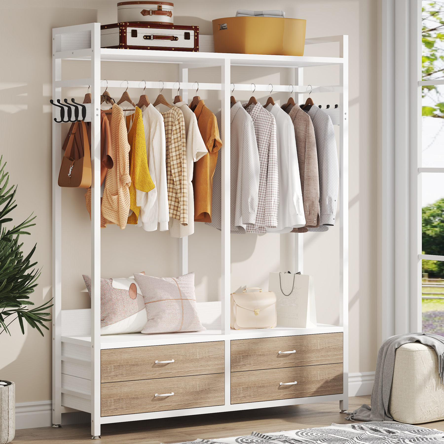 Tribesigns อิสระ Closet Organizer สําหรับแขวนเสื้อผ้า,Heavy Duty Garment Rack พร้อมลิ้นชัก, 8 ตะขอและชั้นวางของ