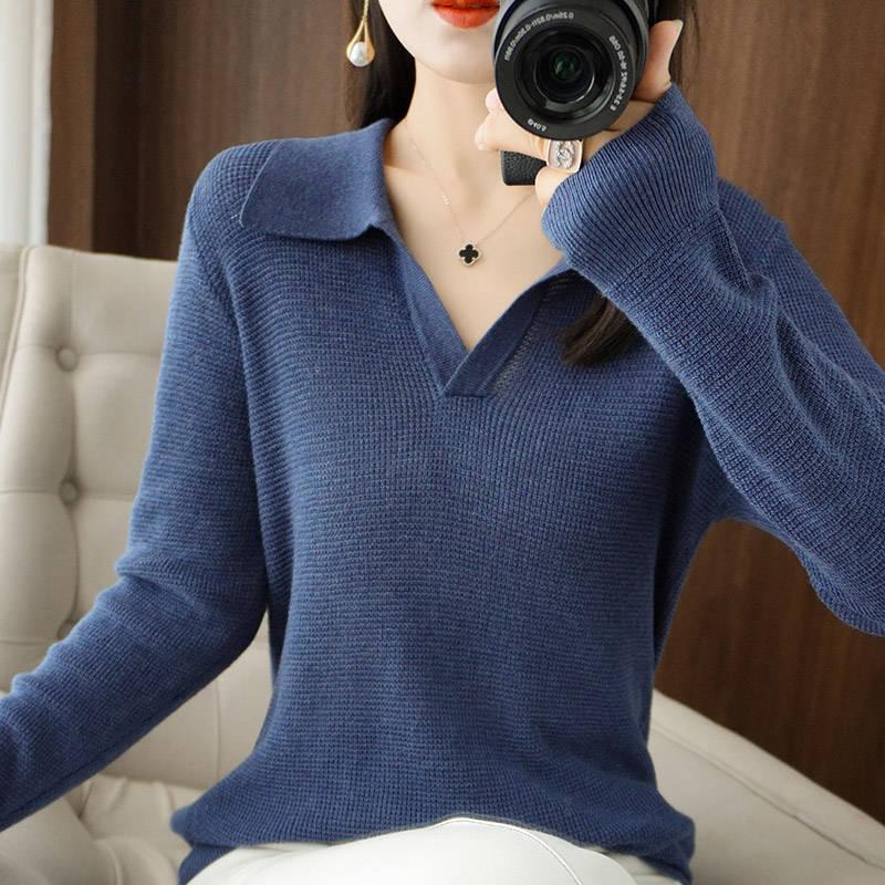 Feminino nova mistura de lã suéter gola polo favo de mel treliça ​ Pulôver outono inverno camisa de fundo casual fino quente tricô topo