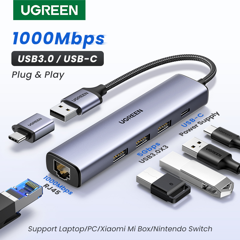 UGREEN Adaptateur Ethernet USB 1000/100Mbps USB3.0/USB2.0 HUB USB vers RJ45 USB Lan pour Ordinateur Portable Xiaomi Mi Box Nintendo Switch Lenovo Macbook Mac OS Windows Linux USB-C HUB Carte Réseau Adaptateur Internet