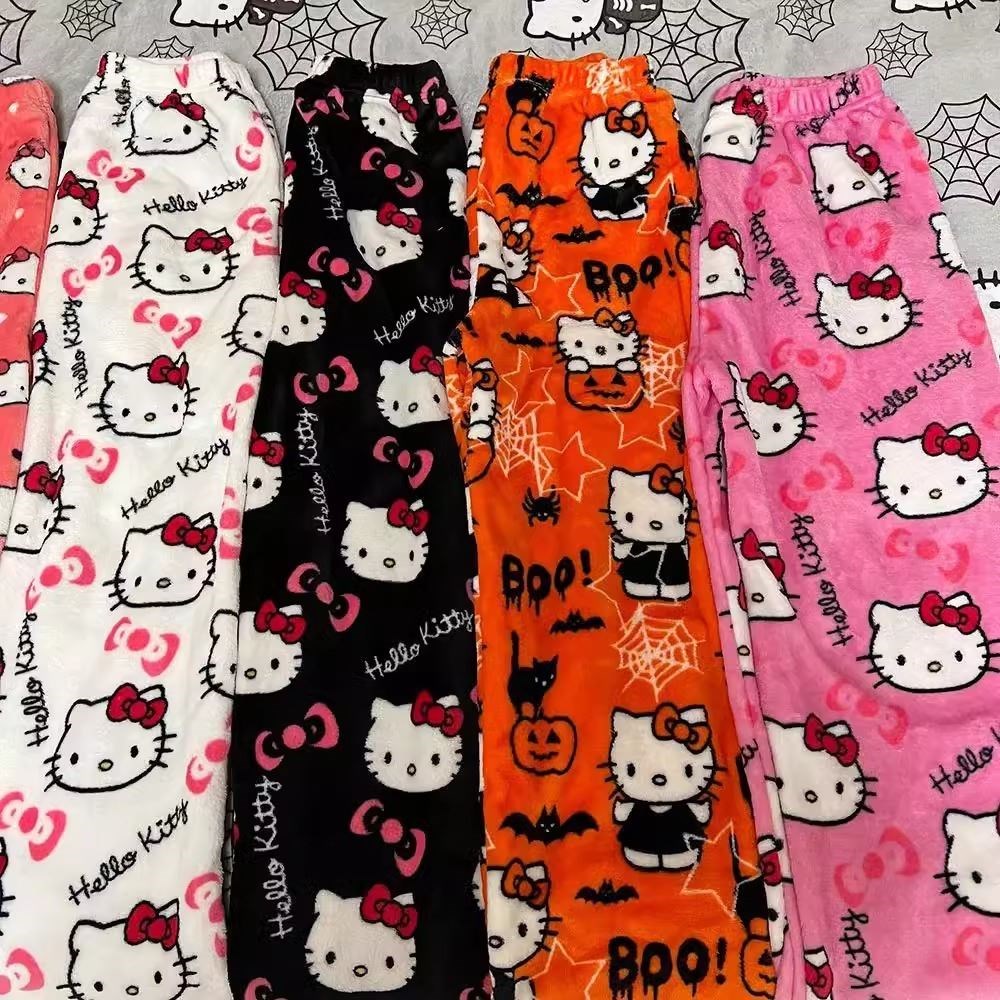 Pijamas de franela de Hello Kitty de dibujos animados de Halloween para mujer Otoño e Invierno más pantalones cálidos informales de terciopelo con grafiti para el hogar
