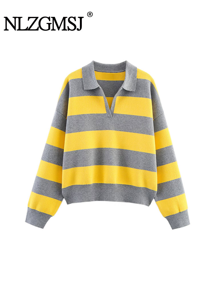 Nlzgmsj 2025 outono high street chique feminino listrado blusas de malha feminina manga cheia estilo vintage topos