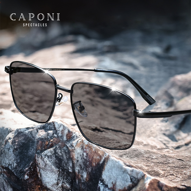 CAPONI Kacamata Hitam Terpolarisasi Fotochromic Klasik Kacamata Hitam Logam Berkendara Pria Kacamata UV400 Berubah Warna BS8086